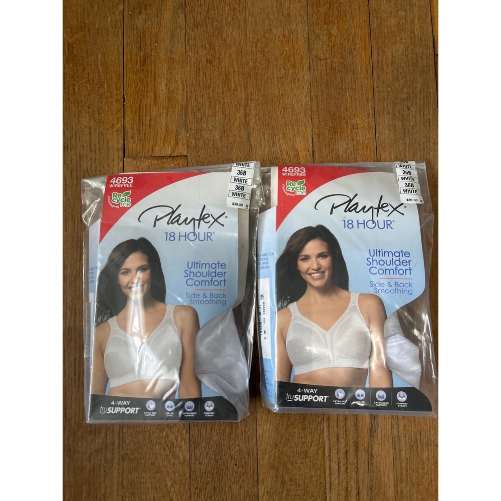 Playtex 18 Hour Ultimate Shoulder Comfort Wirefree Bra 4693 White 36B 2 Pack